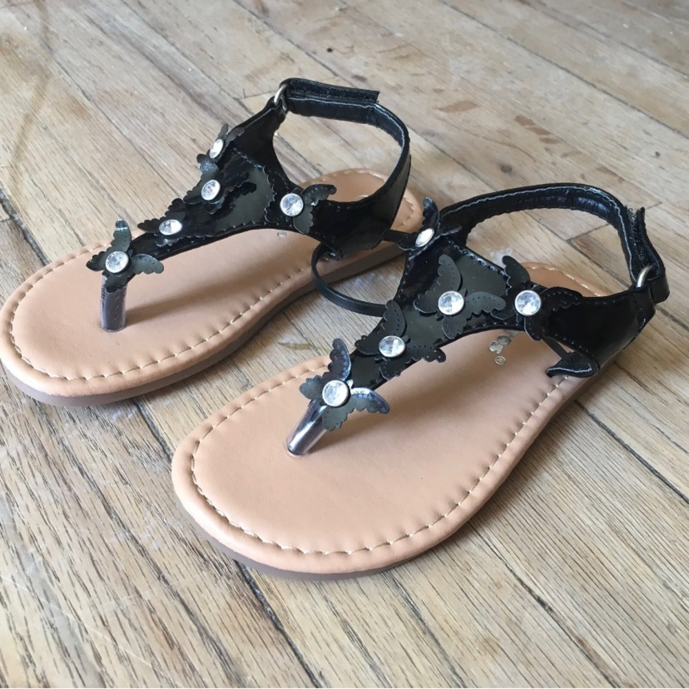 OSITOS Little Girls Black Rhinestone Embellished T-Strap Thong Sandals NEW Sz 7